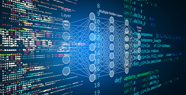 Blockchain neural network overlaying machine learning programs with a dark background.