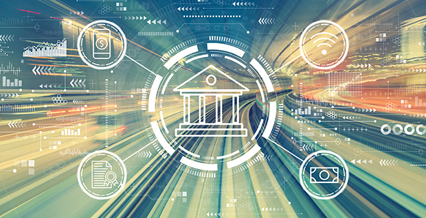Bank icon in the center of money, certificate, wi-fi, and phone icons surrounded by graphs with blurred motion background.